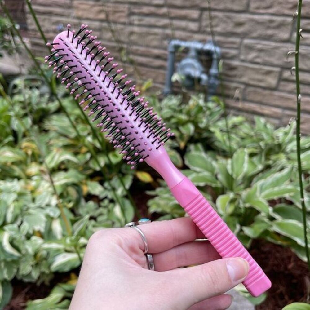Vintage USA Styling Hair Brush Pink Plastic Bristles Purse Blow Dry Round Brush